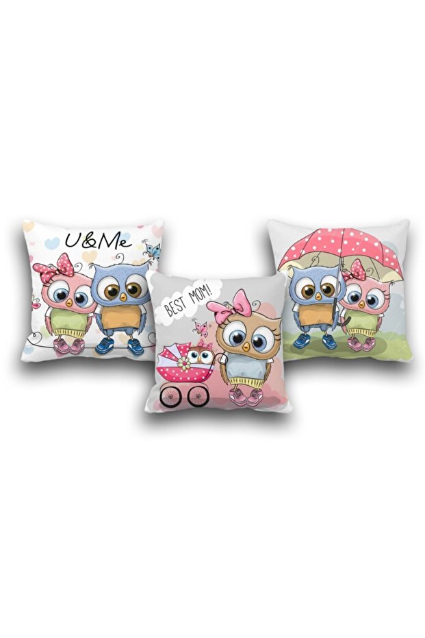 Double Sided Set of 3 Cute Owls Pattern Digital Printed Throw Pillow Cover