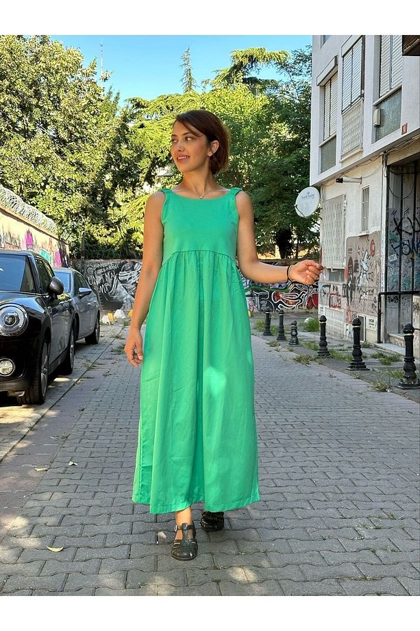 Yeşlil Maxi Boy Askılı Yazlık Uzun Elbise-M - 3