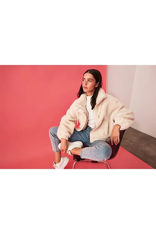 Taş Oversize Kalıp Fermuarlı Peluş Ceket Mont TWOAW21MO0132 - 4