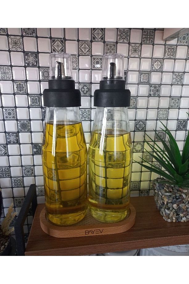 Büyük Boy Damlatmaz Akıllı Ahşap Standlı 3 Parça Cam Yağlık Seti - 720 ml - 8