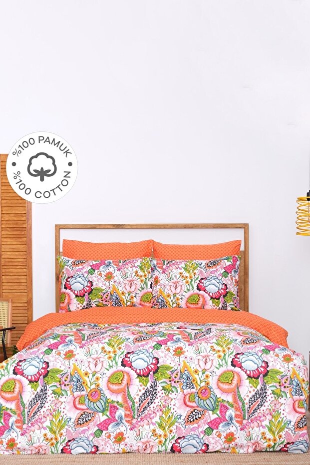 Mitsy Orange 100% Cotton Double Duvet Cover and Pillow Set