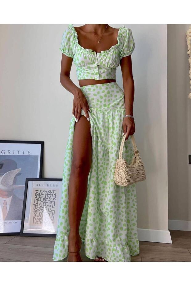 Green Summer Coolness Floral Slit Crop Skirt Set