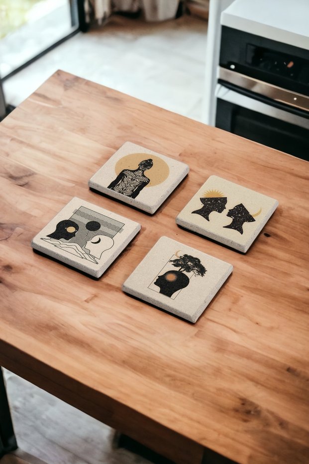 Illustration Art Bohemian Themed Natural Stone Travertine Coasters Set of 4
