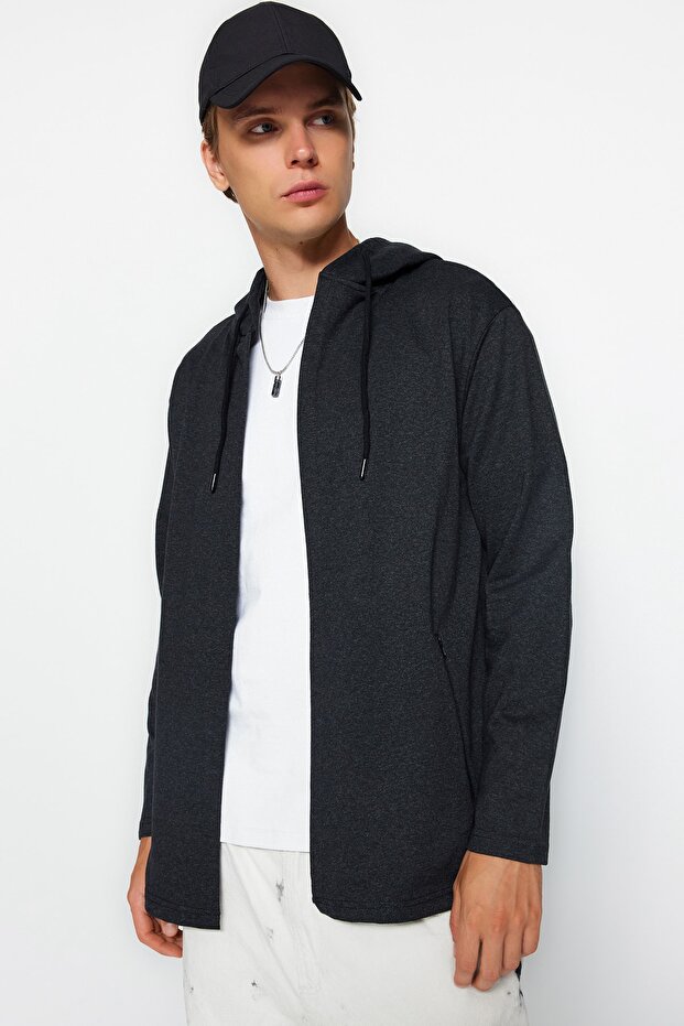 Antrasit Fermuarlı Kapüşonlu Sweatshirt/Hırka TMNAW21HI0211 - 1