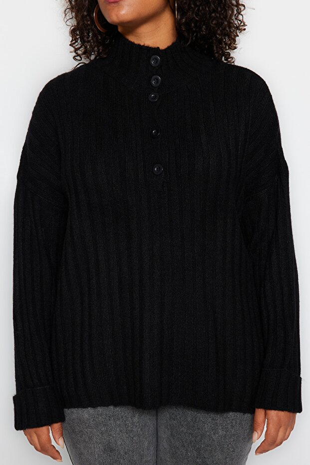 Sweter z dzianiny sznurkowej - czarny, zapinany na guziki TBBAW24AN00045 - 4