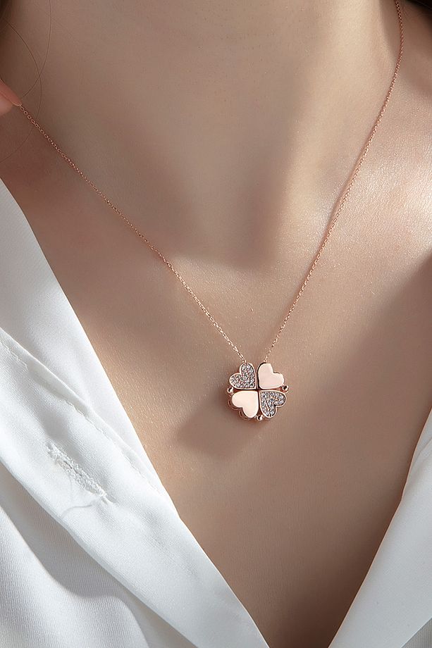 Mıknatıslı Dört Yapraklı Yonca Kolye Rose - 5