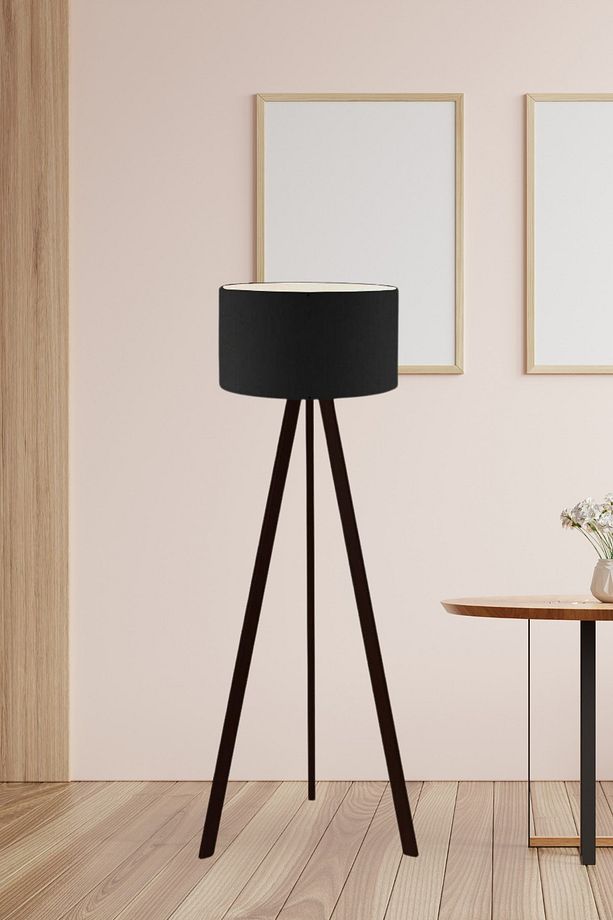 Art Tripod Ahşap Ayaklı Lambader Köşe Lambası Siyah Kumaş Dark - 1