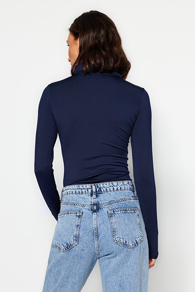 Lacivert Fermuar Yaka Detaylı Çıtçıtlı Esnek Örme Body TWOAW24BD00005 - 5