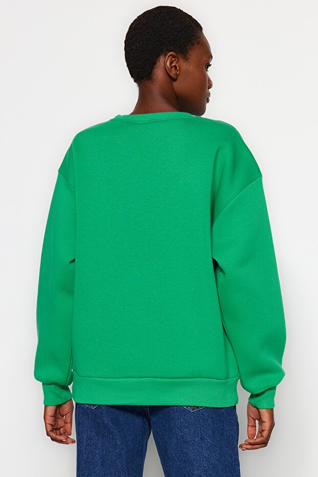 Zielona bluza oversize/wygodny krój podstawowy, okrągły dekolt, gruba/wewnątrz polarowa bluza z dzianiny TWOAW24SW00102 - 5