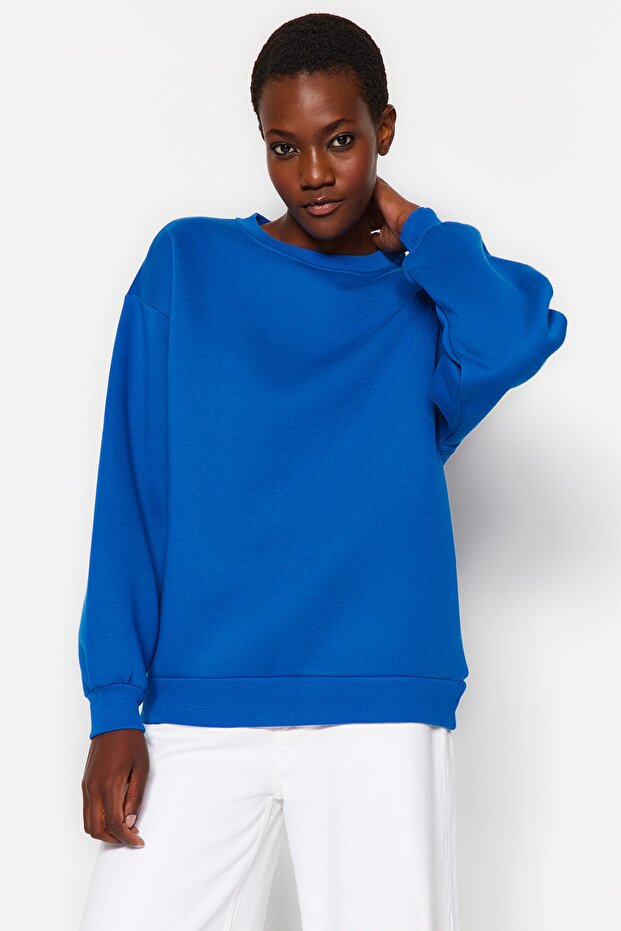 Saks Oversize/Rahat Kesim Basic Bisiklet Yaka Kalın/İçi polarlı Örme Sweatshirt TWOAW24SW00102 - 9