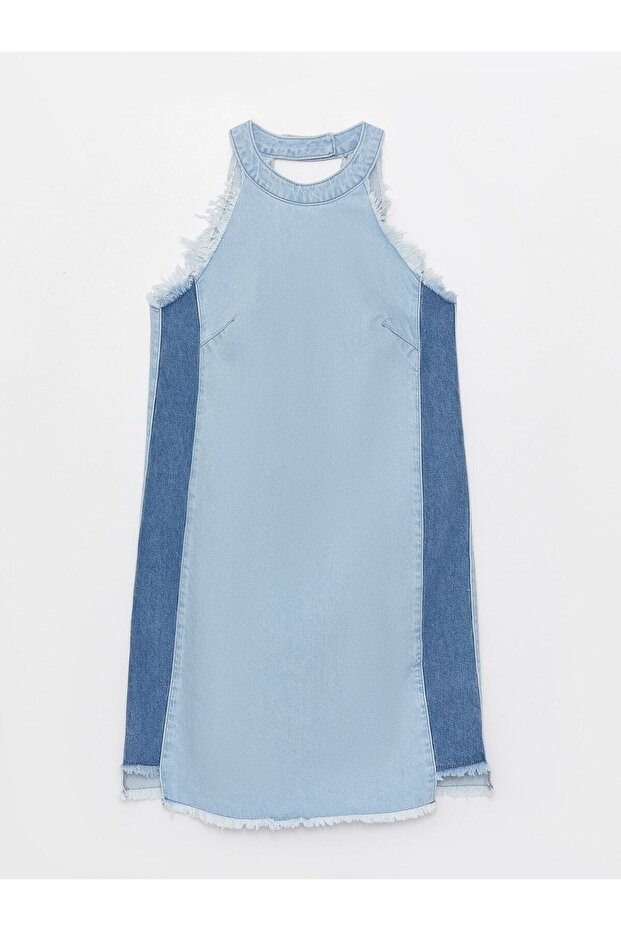 Farbblockiertes Damen-Jeanskleid mit Neckholder - 6
