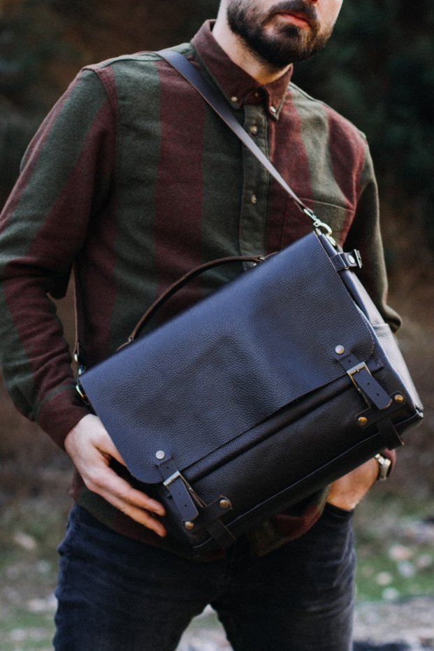 Genuine Leather Black Messenger Bag - Men's Shoulder Bag, Briefcase and Laptop Bag, Genuine Leather Handmade Messenger Bag
