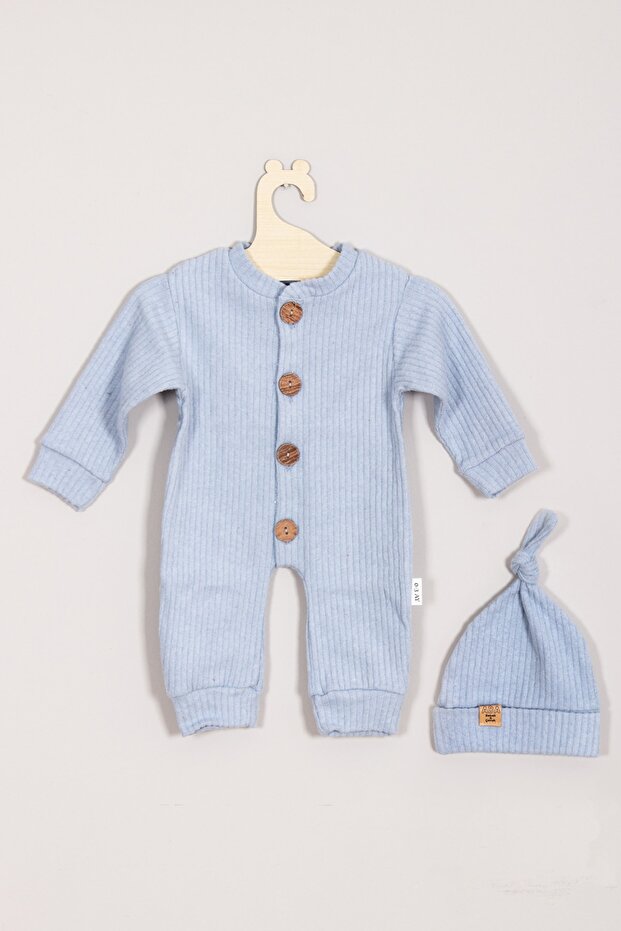 100% Cotton Wooden Buttoned Ribbed Hat Baby Romper