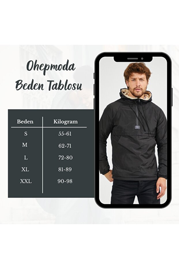 Dar Kesim Içi Kürklü Kanguru Cep Erkek Yağmurluk Mont Siyah - 3