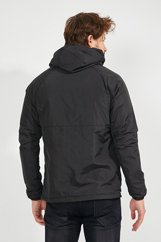 Dar Kesim Içi Kürklü Kanguru Cep Erkek Yağmurluk Mont Siyah - 5