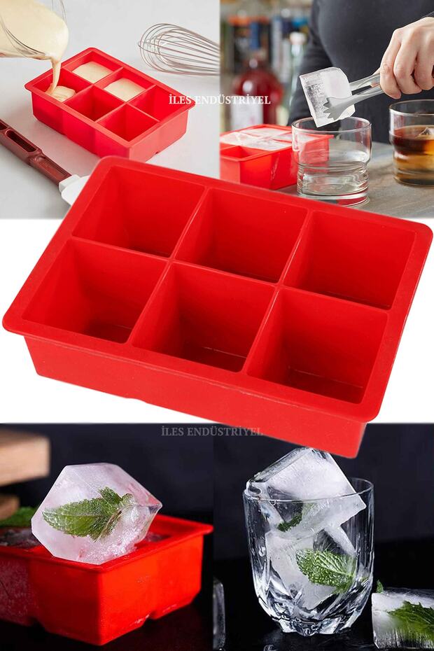 Silicone 6-Piece Cube XL Large Size Multi-Purpose Ice Mold Red