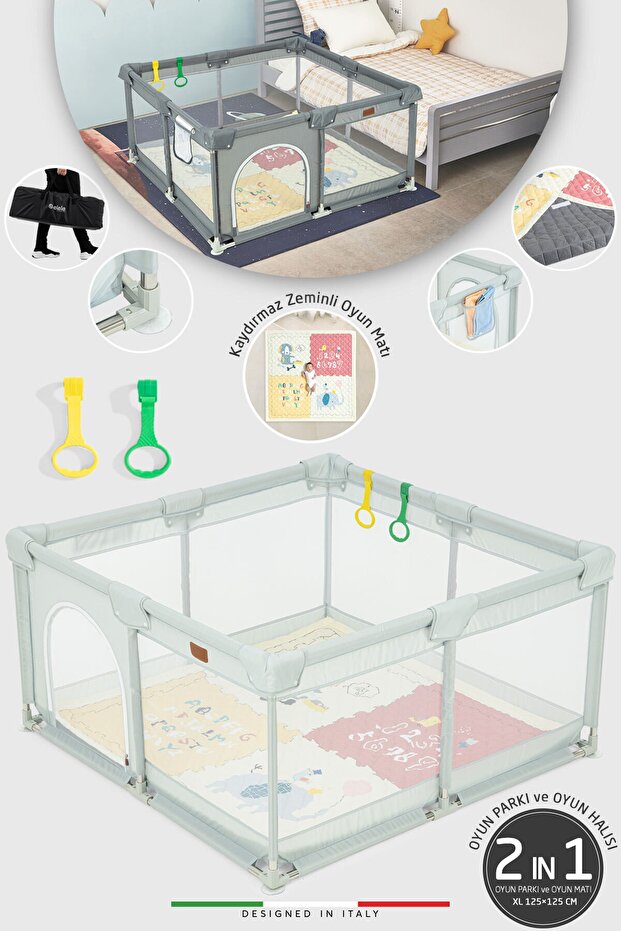 Elele Parma 2in1 Oyun Parkı Oyun Alanı ve Oyun Matı Halısı 125x125 cm Açık Gri