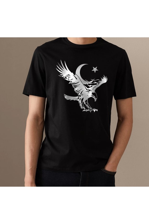 Eagle Moon Star Design Printed Crew Neck 100% Cotton T-Shirt Black