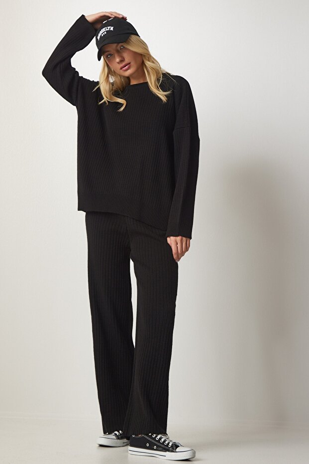 Women's Black Knitwear Sweater Trousers Set MX00112