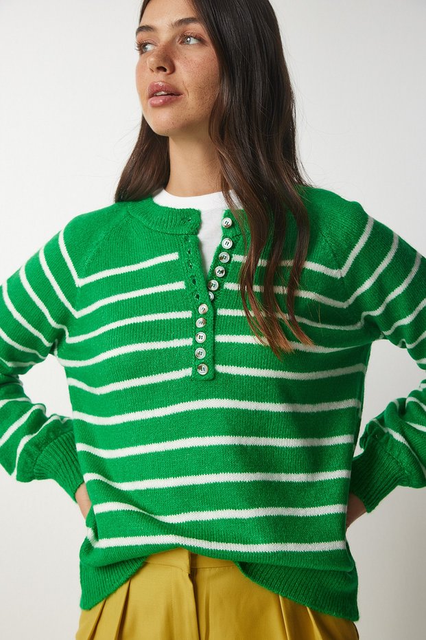 Women's Vibrant Green Buttoned Lapel Striped Knitwear Sweater LX00040