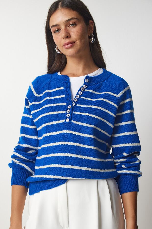 Women's Blue Ecru Buttoned Collar Knitwear Sweater LX00040