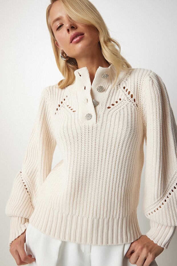 Women's Cream Stylish Buttoned Openwork Knitwear Sweater bv00092