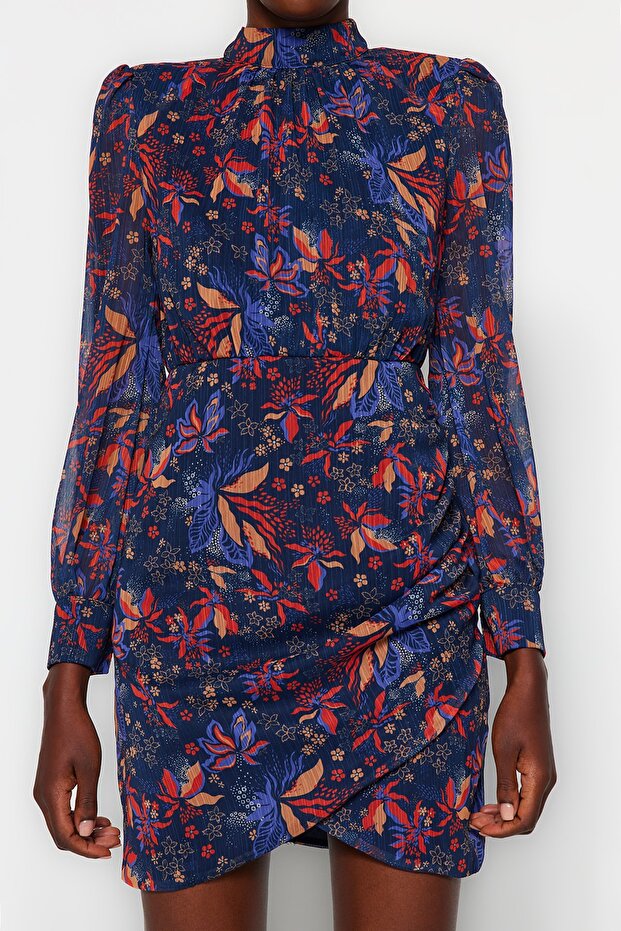 Modré šaty s vysokým límcem Boho Woven na zimu TWOAW23EL01482 - 5
