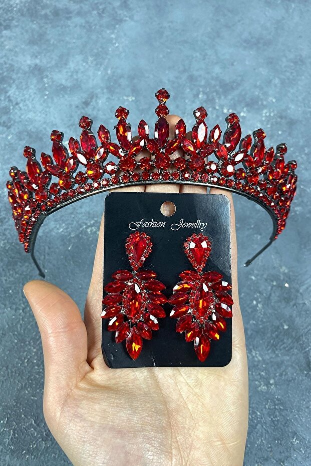 Petro Henna Crown Crystal Jewelled Crown and Drop Stone Earring Set Red Color