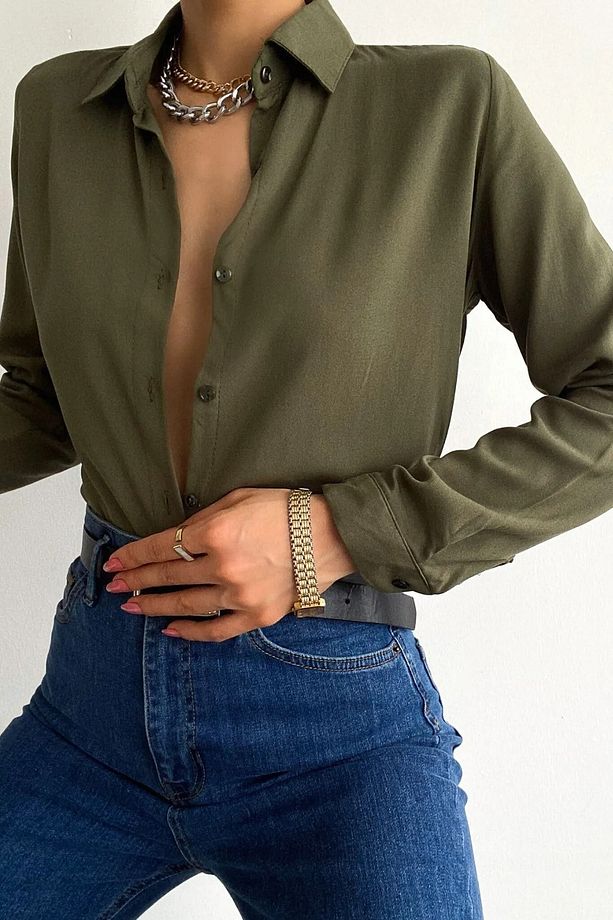 İpeksi Dokulu Regular Fit Haki Gömlek - 3