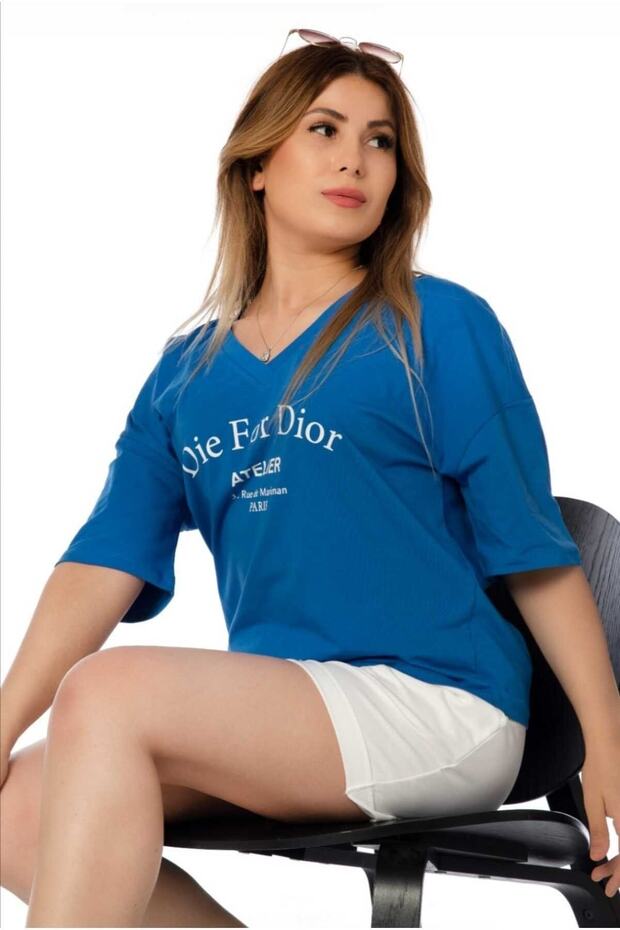 Kadın, Tişört, V, Yakalı Mavi, Krem, Şort, Alt Üst, Takım Basıc Model - 4