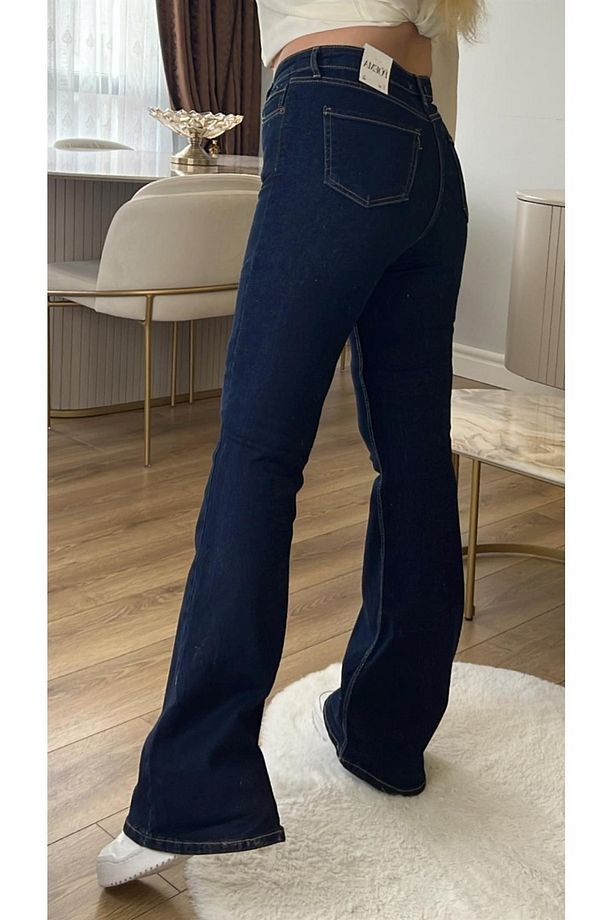 Koyu Mavi Yüksek Bel İspanyol Paça Jeans Kot Pantolon - 3