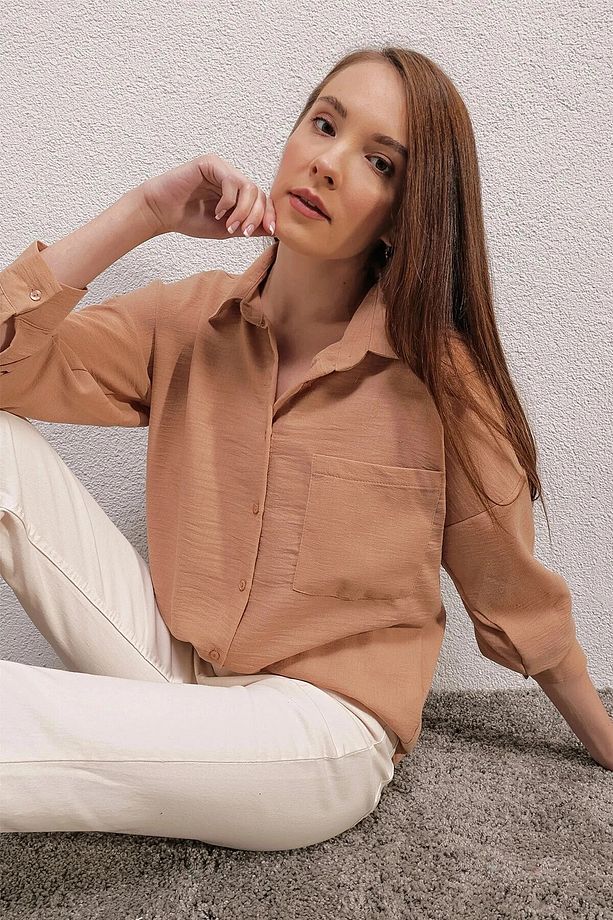 Kadın Bisküvi Tek Cepli Oversize Ayrobin Gömlek Hzl23s-bd1201531 - 4