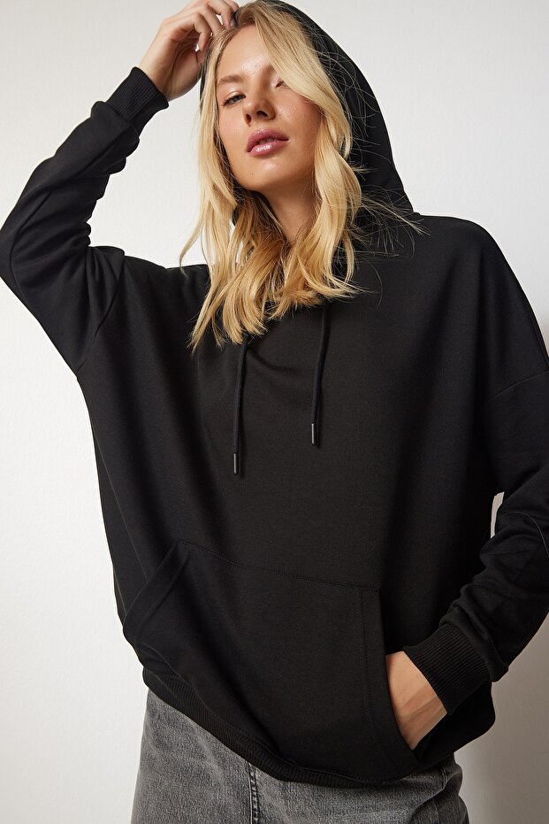 Women's Black Hooded Basic Sweatshirt with Pockets SM00152
