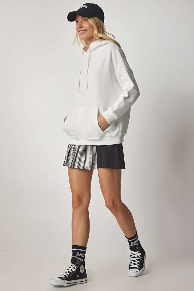 Women's White Hooded Hooded Basic Sweatshirt SM00153
