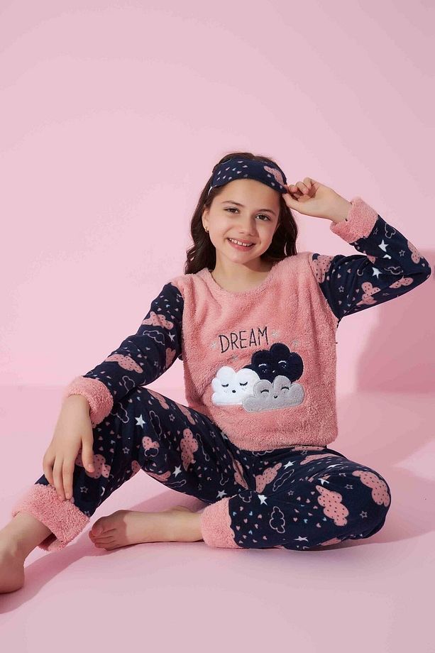 Kız Genç Ve Çocuk Bulut Desenli Uzun Kollu Polar Peluş Kumaş Kışlık Sıcak Tutan Pijama Takımı - 1
