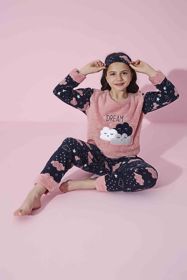 Kız Genç Ve Çocuk Bulut Desenli Uzun Kollu Polar Peluş Kumaş Kışlık Sıcak Tutan Pijama Takımı - 3