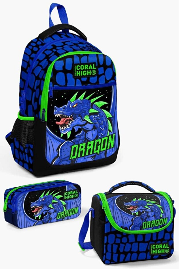 Kids Black Cobalt Blue Dragon Patterned 3-Piece School Bag Set SET0123485