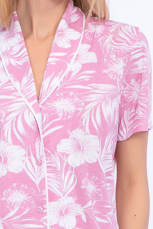 Soft Çiçek Desenli Gül Kurusu Kadın Gömlek Pijama Takımı - 4