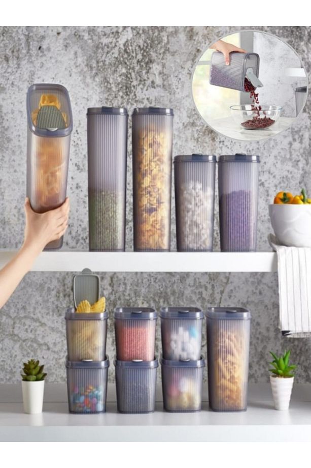 9'lu Set 3 Adet 1300 ml 3 Adet 2,5 Lt 3 Adet 4 Lt Pratik Kapak Erzak Bakliyat Saklama Kabı - 1