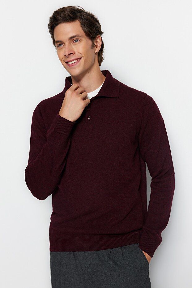 Bordo Slim Fit Yünlü Polo Yaka Düğmeli Smart Triko Kazak TMNAW23KZ00238 - 1
