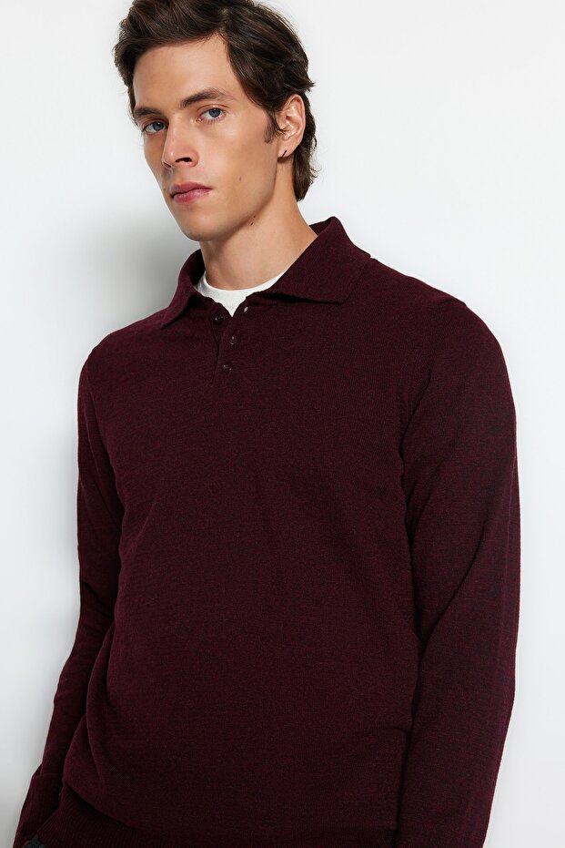 Bordo Slim Fit Yünlü Polo Yaka Düğmeli Smart Triko Kazak TMNAW23KZ00238 - 3