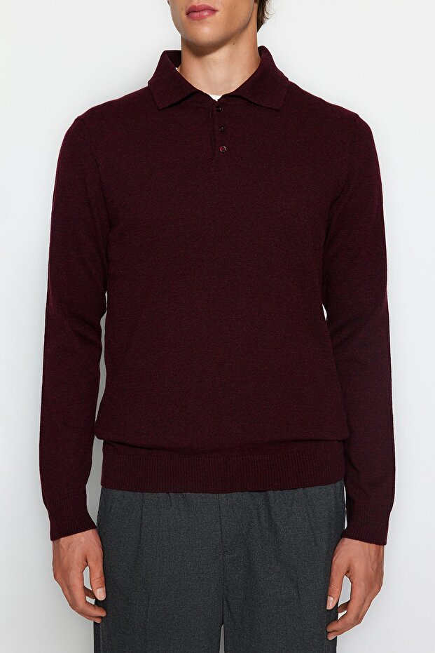 Bordo Slim Fit Yünlü Polo Yaka Düğmeli Smart Triko Kazak TMNAW23KZ00238 - 4