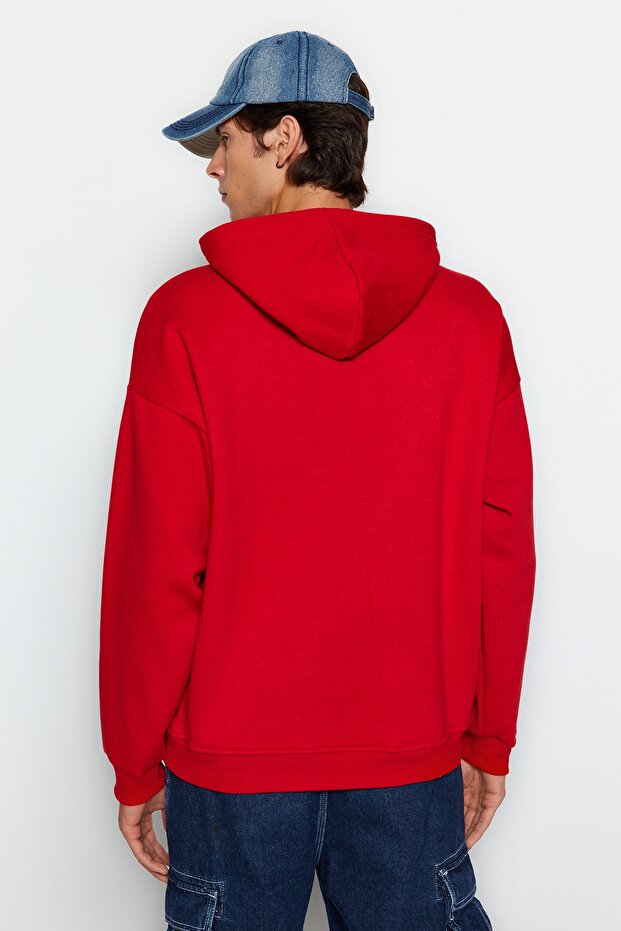 Kırmızı Oversize/Geniş Kesim Hayvan Nakışlı İçi Polar/Sıcak Tutan Pamuk Sweatshirt TMNAW24SW00097 - 5