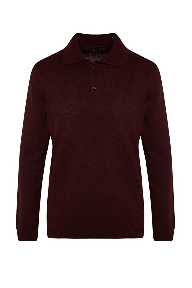 Bordo Slim Fit Yünlü Polo Yaka Düğmeli Smart Triko Kazak TMNAW23KZ00238 - 8