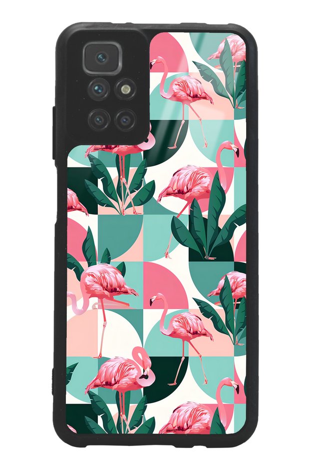 Glossy Phone Case with Xiaomi Redmi 10 Retro Flamingo Wall Paper Design
