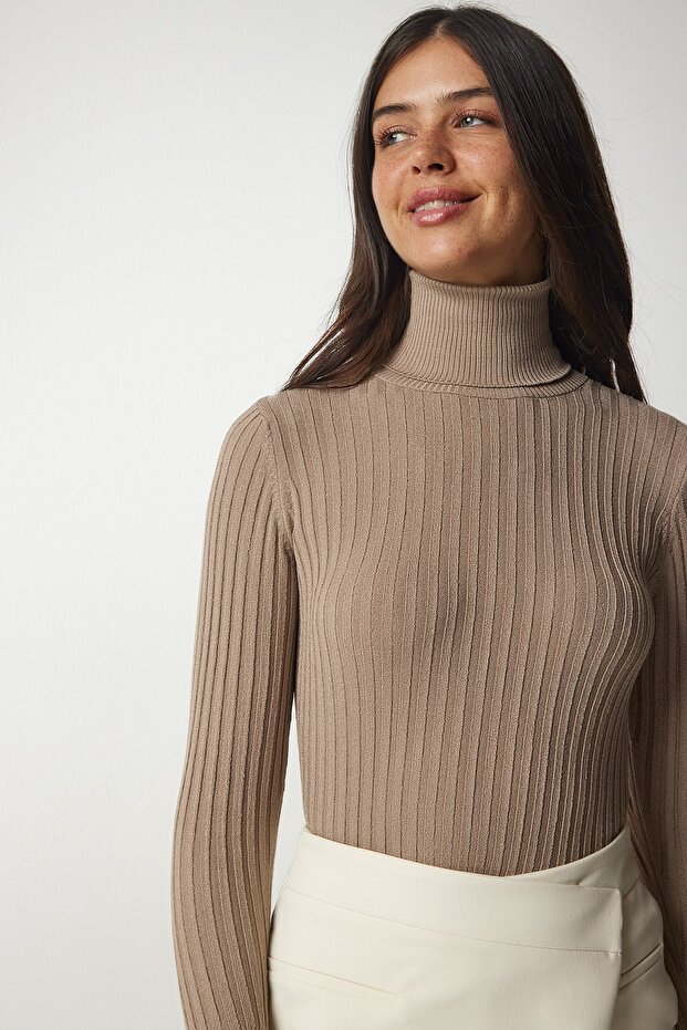 Women's Mink Turtleneck Ribbed Basic Sweater bv00095