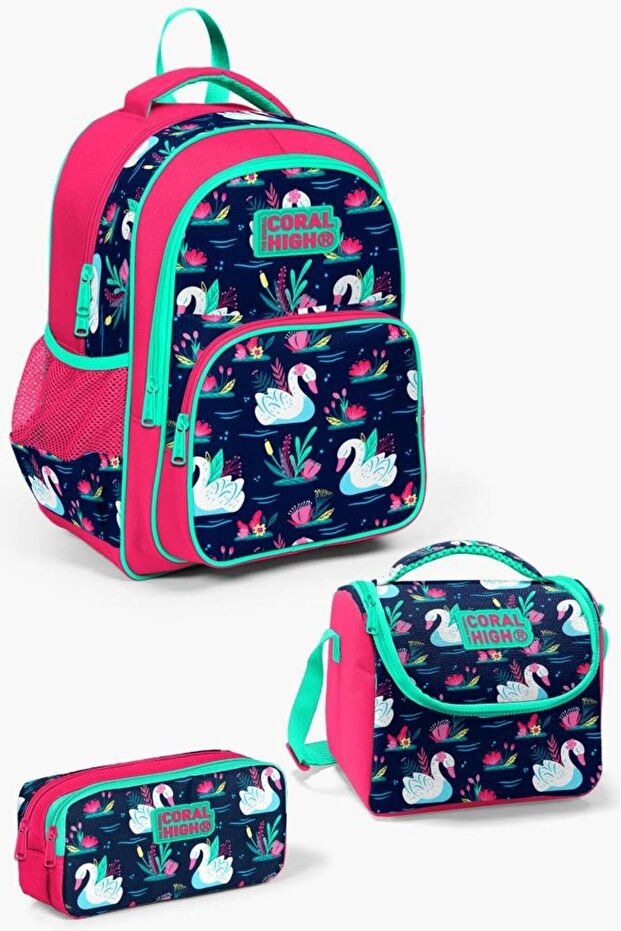Kids Neon Coral Navy Blue Swan Patterned 3-Piece School Bag Set SET0123402