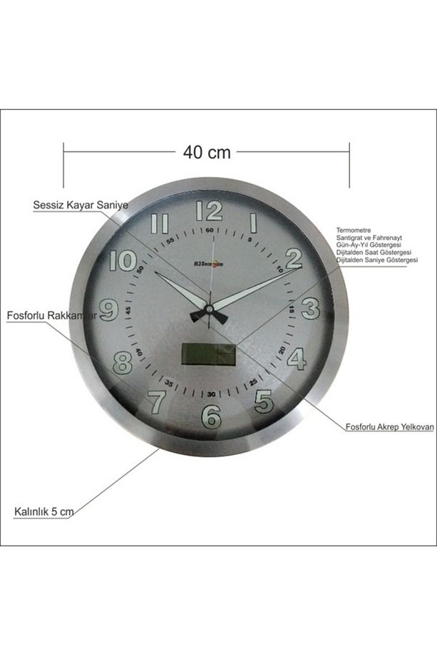 40Cm Kaliteli Fosforlu Termometreli Tarih Göstergeli Duvar Saati - 2