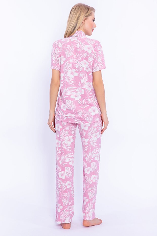 Soft Çiçek Desenli Gül Kurusu Kadın Gömlek Pijama Takımı - 5