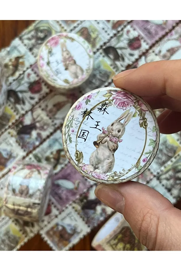 Tavşan Desenli Tek Tek Çıkartmalı 5m Pul Sticker Washi Bant/Etiket/Çıkartma/Desenli Bant - 1